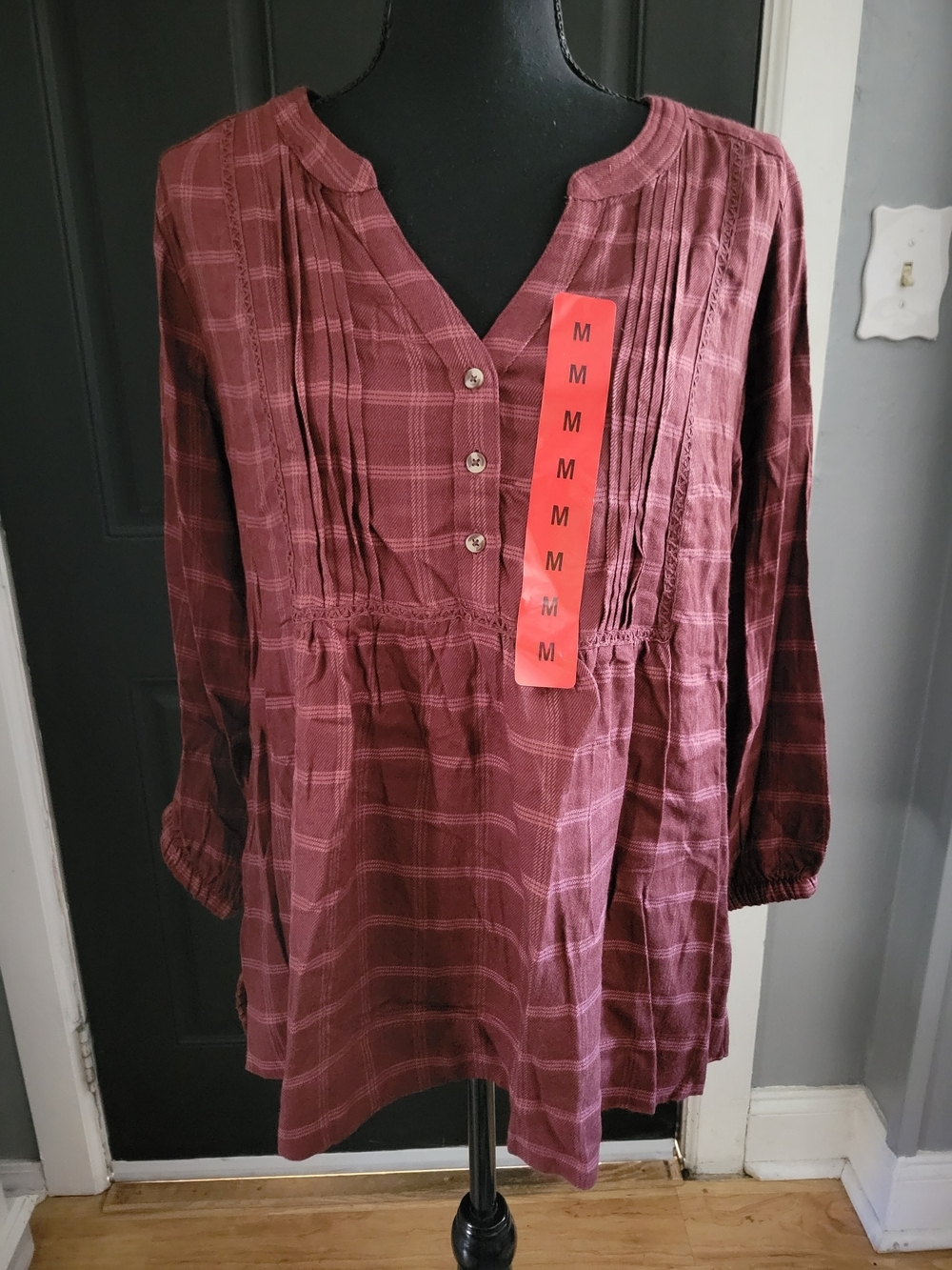 Wrangler Mauve Plaid Peasant Blouse - Picture 2 of 4